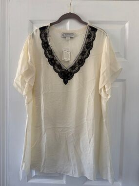 Cream V-Neck Blouse with Black Lace Trim - Women's Top